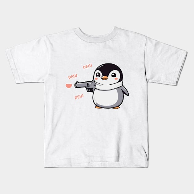 Lovely Penguin with Pistol and Hearts Kids T-Shirt by IDesign23